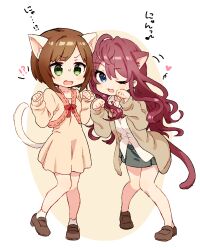 Rule 34 | !?, 2girls, :3, ahoge, animal ear fluff, animal ears, blue eyes, blush, bow, bowtie, breasts, brown dress, brown hair, brown jacket, cat ears, cat tail, collarbone, dress, fake animal ears, fake tail, fang, full body, green eyes, green skirt, hair between eyes, hands up, heart, ichinose shiki, idolmaster, idolmaster cinderella girls, idolmaster cinderella girls starlight stage, jacket, kurasaki moroko, large breasts, leaning forward, loafers, long hair, long sleeves, looking at another, looking at viewer, maekawa miku, medium breasts, midriff peek, motion lines, multiple girls, one eye closed, open clothes, open jacket, open mouth, paw pose, pigeon-toed, plaid, plaid bow, plaid bowtie, red bow, red bowtie, shirt, shoes, short hair, simple background, skirt, smile, socks, standing, sweatdrop, tail, two-tone background, wavy hair, white shirt, white socks
