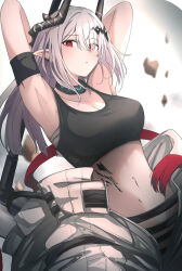 Rule 34 | 1girl, arknights, armband, armpits, arms up, bandages, bare shoulders, breasts, cleavage, commentary, commentary request, crop top, highres, horns, infection monitor (arknights), kiyakyuu, large breasts, long hair, looking at viewer, material growth, midriff, mudrock (arknights), mudrock (elite ii) (arknights), navel, oripathy lesion (arknights), parted lips, pointy ears, red eyes, sarashi, solo, sports bra, stomach, very long hair, white hair