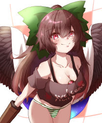 Rule 34 | 1girl, absurdres, bird wings, black shirt, black wings, bow, breasts, brown hair, cape, cleavage, clothes writing, collarbone, green bow, green stripes, gumi (fwjn7284), hair bow, highres, large breasts, long hair, off-shoulder shirt, off shoulder, panties, red eyes, reiuji utsuho, shirt, smile, solo, starry sky print, striped clothes, striped panties, t-shirt, third eye, touhou, underwear, white cape, wings