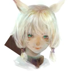 Rule 34 | 10s, 1girl, animal ears, blonde hair, blurry, cat ears, facial mark, faux traditional media, final fantasy, final fantasy xiv, green eyes, hair tubes, highres, lips, low tied hair, miqo&#039;te, portrait, satomatoma, short hair, simple background, sketch, slit pupils, solo, turtleneck, whisker markings, white background, y&#039;shtola rhul