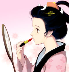 Rule 34 | 1girl, black hair, brown eyes, comb, cosmetics, from side, gradient background, hair rings, japanese clothes, kimono, kouno (masao), lipstick tube, mirror, mole, mole under eye, nihongami, original, pink background, pursed lips, reflection, robe, short hair, solo