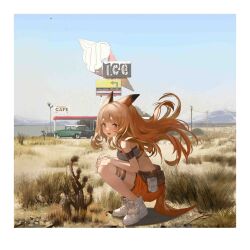 Rule 34 | 1girl, absurdres, animal ears, arknights, blue sky, border, brown hair, cactus, car, ceobe (arknights), ceobe (summer flowers) (arknights), cloud, dog ears, dog tail, fang, food, framed, gas station, hair lift, head tilt, highres, ice cream, ice cream cone, jpeg artifacts, light blush, long hair, looking at viewer, motor vehicle, mountain, mountainous horizon, orange shorts, red eyes, road sign, shoes, shorts, sign, skin fang, sky, sneakers, solo, squatting, strapless, tail, tube top, utility pole, white border, zheshe jing