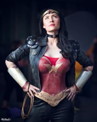 Rule 34 | 1girl, amazon warrior, armor, black hair, choker, cosplay, dc comics, hands on own hips, jacket, jewelry, lasso, lasso of truth, leather, leather jacket, leather pants, nail polish, pants, photo (medium), ring, star (symbol), tiara, v330 creations, vambraces, weneals, wonder woman, wonder woman (series)