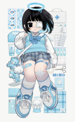 1girl absurdres bag bag_charm bandages black_hair blue_theme bow bowtie charm_(object) commentary eyepatch full_body halo highres looking_at_viewer melting_halo miniskirt mino_(kirarayakubou) original plaid_clothes plaid_skirt school_uniform scissors shoes short_hair shoulder_bag skirt sneakers socks solo stuffed_animal stuffed_toy symbol-only_commentary teddy_bear tenshi_kaiwai vest