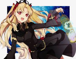Rule 34 | 1girl, armlet, birdcage, black dress, black scarf, blonde hair, blush, bow, breasts, cage, chain, dress, earrings, ereshkigal (fate), ereshkigal (third ascension) (fate), fate/grand order, fate (series), gold trim, hair bow, hitodama, infinity symbol, jewelry, long hair, long sleeves, looking at viewer, medium breasts, night, night sky, open mouth, parted bangs, red bow, red eyes, scarf, shimi to ufu, sky, smile, solo, tiara, two side up, very long hair