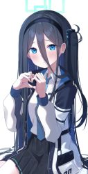 Rule 34 | 1girl, absurdres, aris (blue archive), blouse, blue archive, blue eyes, blue necktie, blush, hairband, halo, heart, heart hands, highres, jacket, looking at viewer, necktie, one side up, school uniform, shirt, simple background, sitting, solo, white background, white shirt, yuteke key