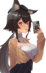 Rule 34 | 1girl, animal ears, arm behind back, bare shoulders, beret, black hair, blush, braid, breasts, brown eyes, casual, cellphone, collarbone, from side, hair ornament, hairclip, hat, highres, holding, hololive, jewelry, long hair, medium breasts, multicolored hair, necklace, nose, ookami mio, ookami mio (street), perky breasts, phone, ponytail, see-through, shirt, sideways glance, sleeveless, sleeveless shirt, smartphone, streaked hair, sweater, tight clothes, tight shirt, tongue, tongue out, turtleneck, upper body, very long hair, virtual youtuber, wolf ears, wolf girl, woogi (duguddnr)