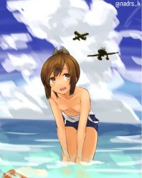 Rule 34 | 10s, 1girl, aircraft, airplane, breasts, brown eyes, brown hair, clothes pull, cloud, dark-skinned female, dark skin, day, i-401 (kancolle), kantai collection, leaning forward, nazunakku, ocean, one-piece swimsuit pull, open mouth, partially submerged, short hair, small breasts, solo, standing, topless, wading