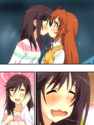 Rule 34 | 2girls, :d, ^ ^, black hair, blush, brown eyes, brown hair, closed eyes, comic, eye contact, from side, hand on another&#039;s chest, hand on own cheek, hand on own face, heart, highres, ichijou hotaru, karuta (karuta01), kiss, koshigaya komari, long hair, looking at another, md5 mismatch, multiple girls, non non biyori, open mouth, pink background, resolution mismatch, saliva, saliva trail, school uniform, simple background, smile, source smaller, wavy mouth, wide-eyed, yuri