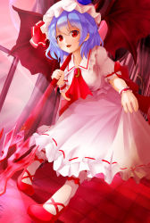 Rule 34 | 1girl, :d, blush, bobby socks, brooch, chiroshiron, clothes lift, dress, dress lift, fang, hat, hat ribbon, highres, jewelry, mary janes, mob cap, moon, neckerchief, open mouth, purple hair, red eyes, red footwear, remilia scarlet, ribbon, shoes, smile, socks, solo, spear the gungnir, touhou, wrist cuffs