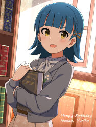 Rule 34 | 1girl, blazer, blue hair, blunt bangs, blush, book, book stack, bow, brown skirt, character name, commentary, day, floral print, grey jacket, hair bow, happy birthday, highres, holding, holding book, idolmaster, idolmaster million live!, idolmaster million live! theater days, indoors, jacket, long sleeves, looking at viewer, nanao yuriko, official alternate hairstyle, open mouth, shirt, short hair, skirt, smile, solo, sunlight, trinitro t, white shirt, window, yellow eyes