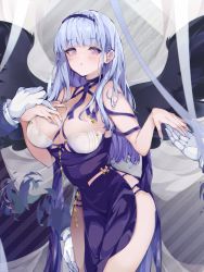 Rule 34 | 1girl, azur lane, bad id, bad twitter id, blush, breasts, criss-cross halter, dido (anxious bisque doll) (azur lane), dido (azur lane), dress, dress straps, hairband, halter dress, halterneck, hand on own chest, headband, highres, large breasts, large wings, long dress, long hair, multiple hands, nakano yae, purple dress, purple eyes, purple hairband, purple headband, solo, white hair