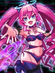 Rule 34 | 1girl, :d, ahoge, bemani, bikini, black bikini, black collar, black footwear, breasts, collar, detached collar, fangs, grace (sound voltex), hair between eyes, halo, headset, highres, long hair, looking at viewer, navel, open mouth, outstretched hand, partyanthem, pink eyes, pink hair, small breasts, smile, sound voltex, sound voltex iii gravity wars, standing, standing on one leg, strapless, strapless bikini, swimsuit, twintails