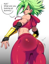 1girl ^^^ abs alternate_costume ass ass_focus biceps bracer breasts commentary compression_sleeve cropped_hoodie dragon_ball dragon_ball_super earrings english_commentary english_text floating_clothes from_behind from_below gradient_background green_eyes green_hair highres hood hoodie jewelry kefla_(dragon_ball) kiwiartsu large_breasts leggings looking_back midriff motion_lines muscular muscular_female open_mouth pink_leggings potara_earrings skin_tight solo speech_bubble spiked_hair super_saiyan teeth turning_around turtleneck