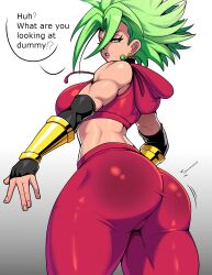 Rule 34 | 1girl, ^^^, abs, alternate costume, ass, ass focus, biceps, bracer, breasts, commentary, compression sleeve, cropped hoodie, dragon ball, dragon ball super, earrings, english commentary, english text, floating clothes, from behind, from below, gradient background, green eyes, green hair, highres, hood, hoodie, jewelry, kefla (dragon ball), kiwiartsu, large breasts, leggings, looking back, midriff, motion lines, muscular, muscular female, open mouth, pink leggings, potara earrings, skin tight, solo, speech bubble, spiked hair, super saiyan, teeth, turning around, turtleneck