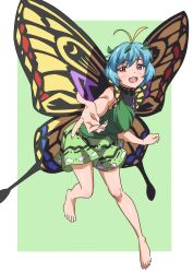 Rule 34 | 1girl, antennae, aqua hair, barefoot, blush, butterfly wings, dress, eternity larva, fairy, fingernails, full body, green dress, gyouza (mhea5724), highres, insect wings, leaf, leaf on head, multicolored clothes, multicolored dress, open mouth, red eyes, short hair, short sleeves, smile, solo, touhou, wings