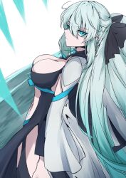 Rule 34 | 1girl, black bow, black dress, blue eyes, blue hair, bow, braid, breasts, cleavage, cleavage cutout, clothing cutout, dress, fate/grand order, fate (series), gradient hair, grey hair, hair bow, highres, large breasts, long hair, long sleeves, looking at viewer, morgan le fay (fate), multicolored hair, navel, ponytail, satou nui, sidelocks, simple background, solo, stomach cutout, stomach tattoo, tattoo, two-tone dress, very long hair, white background