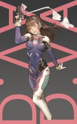 Rule 34 | 1girl, ;), bodysuit, brown eyes, brown hair, character name, d.va (overwatch), facial mark, finger on trigger, gloves, gun, head tilt, headphones, highres, jpeg artifacts, long hair, looking at viewer, one eye closed, overwatch, overwatch 1, pilot suit, smile, smoke, solo, timbougami, weapon, whisker markings, white gloves