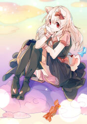 Rule 34 | 1girl, animal ears, arm rest, bow, candy, collared dress, dog ears, dog girl, dog tail, dress, hair bow, hand on own cheek, hand on own face, heart, heart print, highres, long hair, looking at viewer, mm1221352, original, red eyes, short sleeves, sitting, smile, solo, tail, thick eyebrows, thighhighs, very long hair, white hair, wrapped candy, wrist cuffs