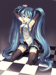 Rule 34 | 1girl, aqua eyes, aqua hair, armpits, arms up, bison cangshu, boots, checkered floor, detached sleeves, floor, ginta, hatsune miku, headset, highres, kneeling, long hair, navel, necktie, perspective, skirt, solo, thigh boots, thighhighs, twintails, very long hair, vocaloid