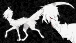 Rule 34 | abstract background, animal feet, animal focus, blood, blood on face, blood on mouth, creature, english text, full body, highres, kamikiririp, monster, monster focus, original, solo, upper body, white fur, white hair, white tail