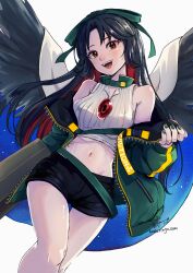 Rule 34 | 1girl, :d, adapted costume, arm cannon, bare shoulders, bird wings, black hair, black shorts, collar, commentary request, feet out of frame, green collar, green jacket, green nails, hair ribbon, highres, hoshiringo0902, jacket, long hair, long sleeves, looking at viewer, midriff, nail polish, navel, off shoulder, open clothes, open jacket, open mouth, red eyes, reiuji utsuho, ribbon, shirt, shorts, signature, simple background, sleeveless, sleeveless shirt, smile, solo, touhou, weapon, white background, wings