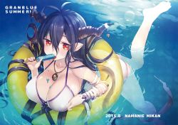 Rule 34 | 10s, 1girl, afloat, bandages, bikini, black hair, breasts, cleavage, crescent, danua, dated, draph, female focus, floating hair, food, granblue fantasy, horn ornament, horns, innertube, jewelry, large breasts, long hair, messy, namanie, necklace, pendant, pointy ears, popsicle, red eyes, solo, swim ring, swimsuit, tongue, tongue out, water, white bikini