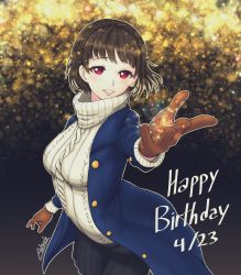 Rule 34 | 1girl, absurdres, artist name, artist request, astraphi, black pants, blue jacket, blush, braid, breasts, breath, brown gloves, brown hair, brown sweater, buttons, collared jacket, collared sweater, crown braid, female focus, french braid, gloves, highres, jacket, long sleeves, looking at viewer, medium breasts, niijima makoto, open clothes, open jacket, pants, parted lips, persona, persona 5, persona 5 the royal, red eyes, short hair, smile, solo, sweater, turtleneck, turtleneck sweater, unbuttoned, white sweater