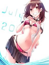 Rule 34 | 1girl, bad id, bad twitter id, bikini, bikini under clothes, blush, breasts, brown eyes, brown hair, clothes lift, clothes pull, earrings, grin, hair ornament, hairpin, haruka natsuki, jewelry, july, looking at viewer, navel, original, pleated skirt, school uniform, serafuku, shirt, shirt lift, simple background, skirt, skirt pull, smile, solo, standing, standing on liquid, sweater vest, swimsuit, swimsuit under clothes, undressing, wading, white background, white shirt