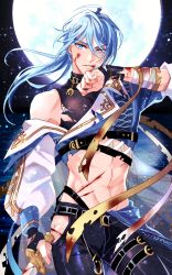 Rule 34 | 1boy, bleeding, blood, blood on face, blue eyes, blue hair, clothing cutout, edmond (nu carnival), full moon, highres, holding, holding sword, holding weapon, injury, light blue hair, long hair, long sleeves, looking at viewer, low ponytail, male focus, mobugorilla, moon, nu carnival, solo, sword, torn clothes, weapon