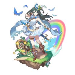Rule 34 | 1girl, bare shoulders, bird, black hair, blue eyes, blue headwear, breasts, dragalia lost, dress, full body, long hair, looking at viewer, medium breasts, nontraditional miko, odetta (dragalia lost), official art, rainbow, saitou naoki, sleeveless, sleeveless dress, smile, solo, standing, sword, transparent background, weapon, white dress