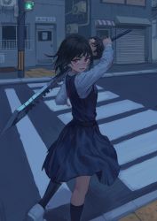 Rule 34 | 1girl, air conditioner, arm up, belt, black hair, black socks, blue dress, bone, building, chainsaw man, collared shirt, crosswalk, door, dress, facial scar, foot out of frame, from side, highres, holding, holding bone, holding sword, holding weapon, long sleeves, looking at viewer, looking back, max-k, open mouth, outdoors, pinafore dress, red eyes, ringed eyes, road, scar, scar on cheek, scar on face, scenery, school uniform, severed head, shirt, shoes, short hair, sleeveless, sleeveless dress, socks, solo, standing, street, sword, tanaka (chainsaw man), traffic light, v-shaped eyebrows, weapon, white footwear, white shirt, window, yoru (chainsaw man)