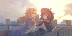 Rule 34 | 2girls, arms up, artist name, black headwear, black skirt, blonde hair, blurry, blurry background, bow, bowtie, brown eyes, brown hair, capelet, chinese commentary, cityscape, cloud, commentary, dated, depth of field, dress, furahata gen, hair between eyes, hair blowing, hand on railing, hat, hat ribbon, highres, leaning back, leaning forward, lens flare, light particles, long hair, long sleeves, looking at viewer, looking back, maribel hearn, mob cap, multiple girls, puffy short sleeves, puffy sleeves, purple dress, railing, red neckwear, ribbon, shirt, short hair, short sleeves, skirt, sky, smile, touhou, usami renko, very long hair, white headwear, white shirt, wind, yellow eyes, yellow sky