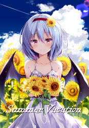 Rule 34 | 1girl, alternate costume, bare shoulders, bat wings, blue hair, blue sky, blush, bow, cloud, collarbone, commentary request, day, dress, feet out of frame, flower, frilled dress, frills, hair between eyes, hair flower, hair ornament, hairband, holding, holding flower, hyurasan, lens flare, light particles, looking at viewer, no headwear, no headwear, o-ring, outdoors, petals, red bow, red eyes, red hairband, red sash, remilia scarlet, sash, short hair, sky, smile, solo, spaghetti strap, standing, sunflower, sunflower hair ornament, touhou, white dress, wings