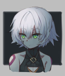 Rule 34 | 1girl, :/, bare shoulders, belt, belt buckle, black belt, breasts, buckle, cleavage, cleavage cutout, closed mouth, clothing cutout, collarbone, emoshon, eyebrows, eyes visible through hair, fate/apocrypha, fate (series), green eyes, hair between eyes, highres, jack the ripper (fate/apocrypha), looking away, scar, scar across eye, scar on face, short hair, shoulder tattoo, solo, stitches, tattoo, turtleneck, upper body, white hair
