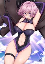 Rule 34 | &gt;:(, 1girl, absurdres, arm up, armpits, arms up, artist name, bare shoulders, blush, breasts, cleavage, cleavage cutout, closed mouth, clothing cutout, cloud, cloudy sky, commentary request, cowboy shot, day, elbow gloves, fate/grand order, fate (series), gloves, groin, highleg, highleg leotard, highres, hip focus, holding, holding shield, large breasts, leotard, light rays, looking at viewer, mash kyrielight, navel, navel cutout, outdoors, pink hair, purple eyes, purple gloves, purple leotard, serious, shield, short hair, signature, sky, solo, sunbeam, sunlight, thigh strap, thighs, toyoman, v-shaped eyebrows