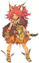 Rule 34 | 1girl, avalon code, big hair, bracelet, claws, earrings, eyebrows, feathers, fur, green eyes, haccan, highres, jewelry, knife, lauca, nut, nut (food), official art, red hair, sandals, simple background, solo, standing, thick eyebrows, toes