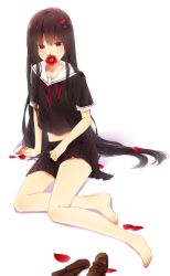 Rule 34 | 1girl, arm support, barefoot, black hair, camellia, covering own mouth, feet, flower, loafers, long hair, midriff, mouth hold, neckerchief, original, petals, pleated skirt, recotasan, red eyes, school uniform, serafuku, shoes, sitting, skirt, solo, undone neckerchief, unworn shoes, very long hair, yokozuwari