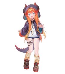 1girl :d \||/ black_choker black_footwear blonde_hair blue_eyes blue_shorts blush center-flap_bangs choker double-parted_bangs fake_horns fake_tail fang full_body gem gradient_hair hair_ornament hair_over_shoulder head_tilt highres hitsugi_miki hood hood_up hooded_robe horned_hood horns kneehighs long_hair long_sleeves looking_at_viewer loose_socks miki_hitsugi multicolored_hair official_art open_clothes open_mouth open_robe orange_hair outstretched_arm pendant_choker print_shirt purple_robe reaching reaching_towards_viewer red_gemstone red_trim robe shirt shoes short_shorts shorts simple_background skin_fang skindentation smile socks solo specialite_(company) specialite_en standing standing_on_one_leg straight-on tail thick_eyelashes thigh_gap thigh_strap transparent_background two-sided_fabric two-sided_robe v-shaped_eyebrows virtual_youtuber white_shirt wide_sleeves y_o_u_k_a yellow_socks