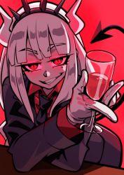 Rule 34 | 1girl, alcohol, aya yanagisawa, black jacket, black necktie, black tail, breasts, business suit, collared shirt, cup, demon girl, demon horns, demon tail, drinking glass, formal, gloves, glowing, glowing eyes, hair ornament, helltaker, highres, holding, holding cup, horns, jacket, long hair, long sleeves, looking at viewer, lucifer (helltaker), mole, mole under eye, monster girl, necktie, neckwear request, red background, red eyes, red shirt, shirt, simple background, smile, smirk, solo, suit, tail, upper body, very long hair, white gloves, white hair, white horns, wine, wine glass