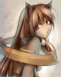 Rule 34 | 1girl, animal ears, brown capelet, brown eyes, brown hair, brown theme, capelet, cat ears, commentary request, dated, ekaterina orange, eyes visible through hair, hair between eyes, hair bobbles, hair ornament, long hair, looking at viewer, looking to the side, open mouth, ragnarok online, russian commentary, sage (ragnarok online), signature, solo, upper body, watermark, web address