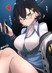 1girl aqua-framed_eyewear black_hair black_jacket black_skirt blue_archive blue_background blue_necktie blue_sweater_vest breasts can canned_coffee chihiro_(blue_archive) cleavage closed_mouth collared_shirt commentary_request drink_can glasses green_eyes hair_ornament hand_up heart highres holding holding_can jacket knees_up large_breasts looking_at_viewer miniskirt multicolored_clothes multicolored_jacket necktie open_clothes open_jacket pleated_skirt rabbit_hair_ornament semi-rimless_eyewear shirt short_hair sitting skirt smile solo sweater_vest translation_request twitter_username two-tone_jacket under-rim_eyewear vent_vert_(kuuya) white_jacket white_shirt