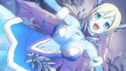 Rule 34 | 1girl, artist request, bare shoulders, blonde hair, blue dress, blue eyes, blue skin, breasts, colored skin, crack, dress, game cg, hair between eyes, ice, medium breasts, monster musume no iru nichijou, monster musume no iru nichijou online, navel, official art, open mouth, outdoors, rosty (monster musume), solo