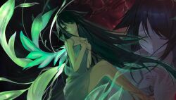 Rule 34 | 1girl, ame (amelovelio), bare shoulders, closed eyes, dress, flat chest, flesh, green eyes, green hair, green wings, hair flaps, hands on own chest, highres, long hair, looking to the side, multiple views, saya (saya no uta), saya no uta, very long hair, wings