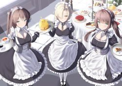 Rule 34 | 3girls, :o, absurdres, apron, aqua eyes, azur lane, black dress, black footwear, blonde hair, brown hair, cake, cheesecake, chocolate cake, cien (shikanokuni), closed mouth, commentary request, cup, detached sleeves, dress, food, frilled apron, frills, fruit, glasgow (azur lane), hair over one eye, highres, holding, holding tray, indoors, juliet sleeves, long skirt, long sleeves, looking at viewer, maid, maid apron, maid headdress, multiple girls, newcastle (azur lane), pastry, petticoat, puffy long sleeves, puffy short sleeves, puffy sleeves, saucer, sheffield (azur lane), short sleeves, skirt, smile, strawberry, strawberry shortcake, swept bangs, swiss roll, tart (food), tea, teacup, teapot, thighhighs, tray, white apron, white thighhighs, window, yellow eyes