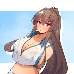 Rule 34 | 1girl, absurdres, arms behind back, azur lane, blush, breasts, bremerton (azur lane), bremerton (azur lane) (cosplay), bremerton (scorching-hot training) (azur lane), brown eyes, brown hair, cleavage, collarbone, cosplay, hair between eyes, highres, kantai collection, large breasts, long hair, navel, osora (judithandlilith), parted lips, ponytail, solo, sportswear, tennis uniform, upper body, very long hair, yamato (kancolle)