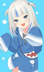 Rule 34 | 1girl, animal costume, blue background, blue eyes, blue hair, blue hoodie, blunt bangs, commentary request, drawstring, gawr gura, gawr gura (1st costume), grey hair, hair ornament, head tilt, highres, hololive, hololive english, hood, hoodie, light blush, long sleeves, looking at viewer, medium hair, multicolored hair, nzmtarou, open mouth, shark girl, shark hair ornament, shark print, sharp teeth, sidelocks, sleeves past fingers, sleeves past wrists, smile, solo, star (symbol), streaked hair, teeth, two side up, upper teeth only, virtual youtuber, white hood, wide sleeves
