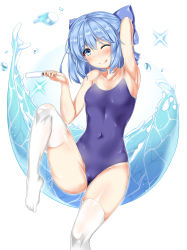 Rule 34 | 1girl, blue eyes, blue hair, blue one-piece swimsuit, cirno, competition school swimsuit, feet out of frame, flat chest, food, highres, hydrokinesis, ice, ice wings, looking at viewer, one-piece swimsuit, oxfirecar, popsicle, school swimsuit, short hair, simple background, solo, swimsuit, thighhighs, touhou, water, white background, white thighhighs, wings