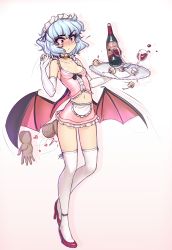 Rule 34 | 1girl, alternate costume, ass grab, bat wings, black ribbon, blue hair, bottle, breasts, choker, collarbone, commentary, cup, disembodied hand, drinking glass, elbow gloves, enmaided, full body, gloves, grabbing another&#039;s ass, groping, hater (hatater), heart, highres, maid, maid headdress, microskirt, midriff, navel, pink skirt, red eyes, red footwear, remilia scarlet, ribbon, shoes, short hair, simple background, skirt, small breasts, solo, solo focus, standing, thighhighs, touhou, tray, white background, white gloves, white thighhighs, wings
