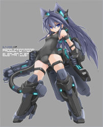 Rule 34 | 1girl, alternate color, animal ears, black hair, black one-piece swimsuit, blue eyes, breasts, cannon, cat ears, covered navel, densou tenshi valforce, grey background, headgear, karukan (monjya), kemonomimi mode, long hair, mecha musume, mechanical arms, mechanical tail, misawa elena, neon trim, no legwear, one-piece swimsuit, school swimsuit, small breasts, solo, standing, swimsuit, tail, thrusters